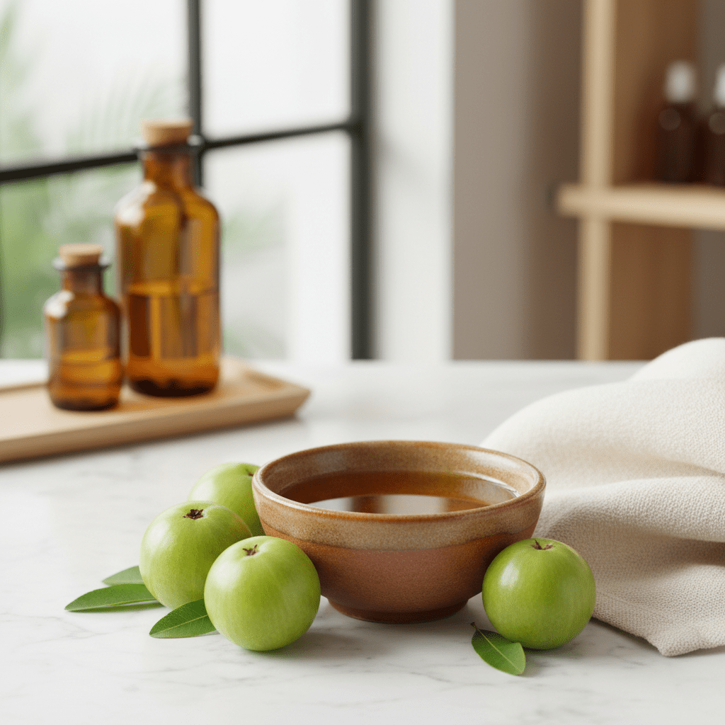 Amla oil and fresh amla fruits in a clean spa setting