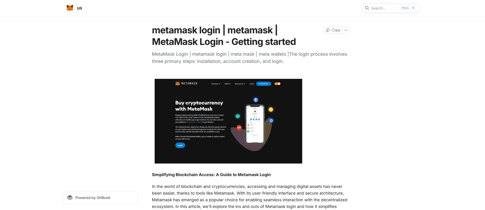 Forensic screenshot of metamisklogiina.gitbook.io showing the phishing page layout