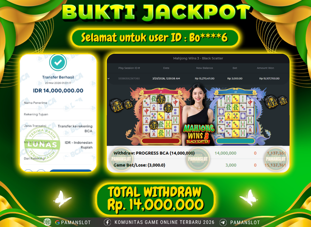 Selamat kepada Member PAMANSLOT Game Mahjong Wins 3 - Black Scatter  : BO****6