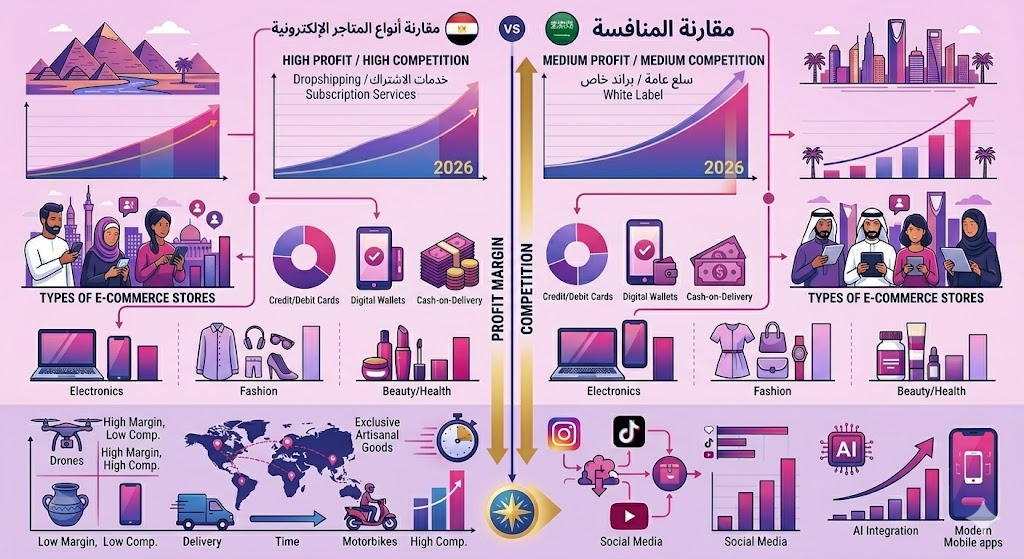 مقارنة افكار متاجر الكترونية مربحة حسب الربحية ومستوى المنافسة