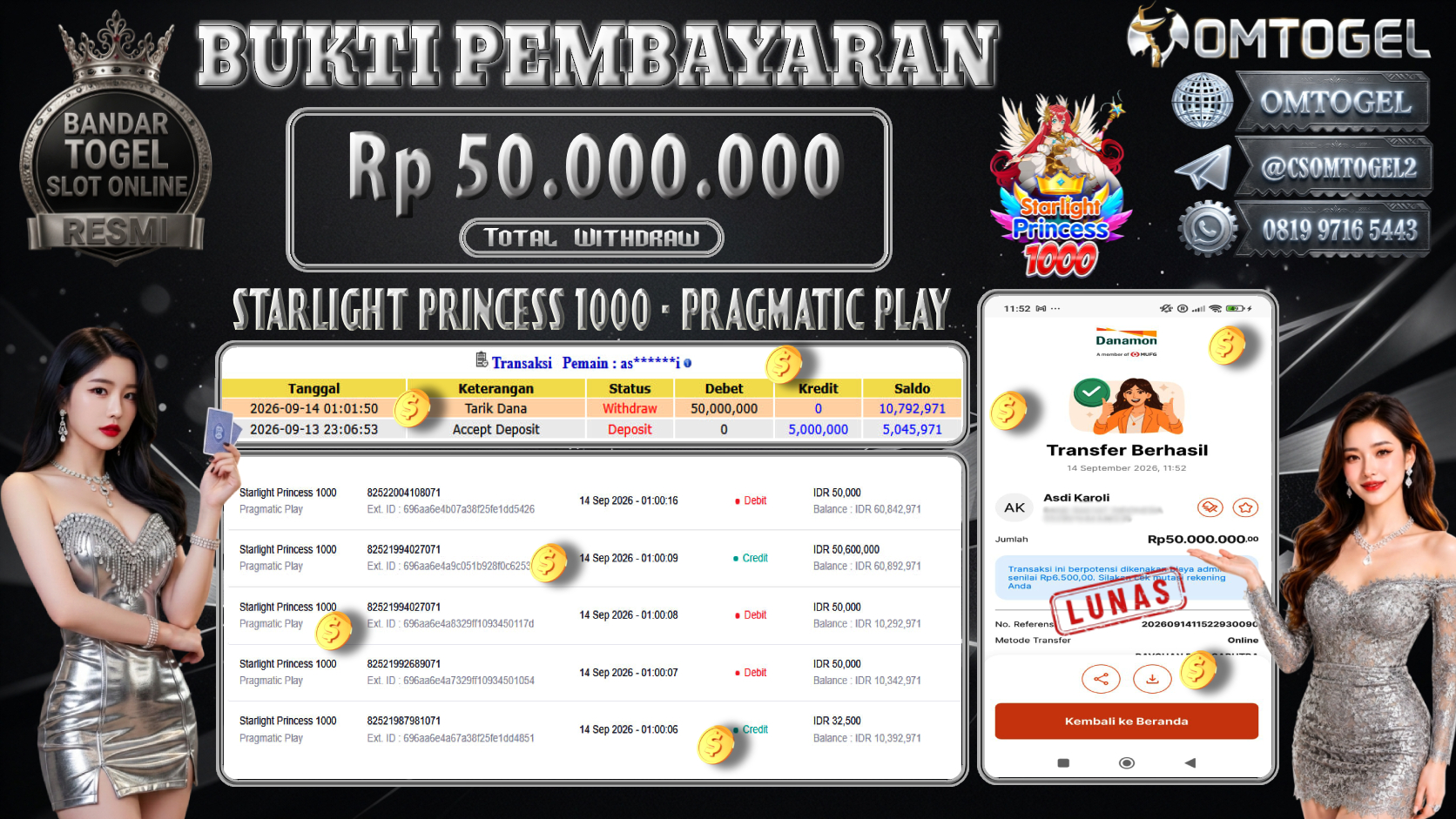 OMTOGEL JACKPOT PRAGMATIC PLAY STARLIGHT PRINCESS 1000  Rp.50,000,000,- DIBAYAR LUNAS