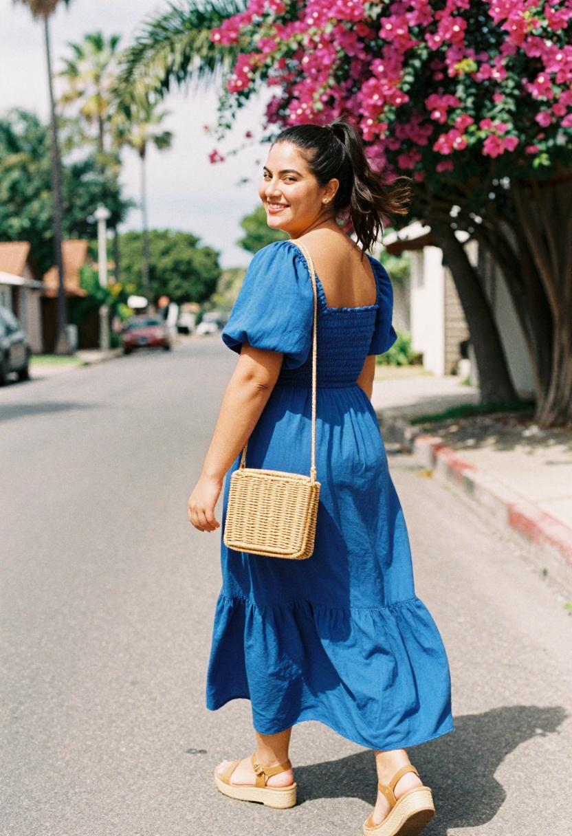 Plus size woman in cobalt blue smocked maxi dress with ruffle hem on a palm-lined street with bougainvillea