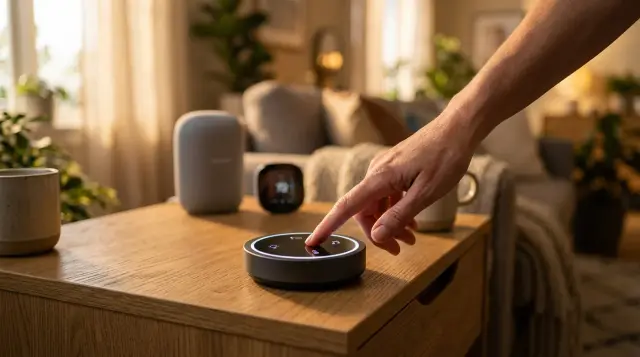 Hand reaching toward glowing smart home hub on side table in warm living room