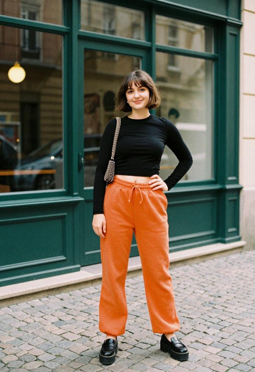 Tangerine orange sweatpants with black crop top bold street style