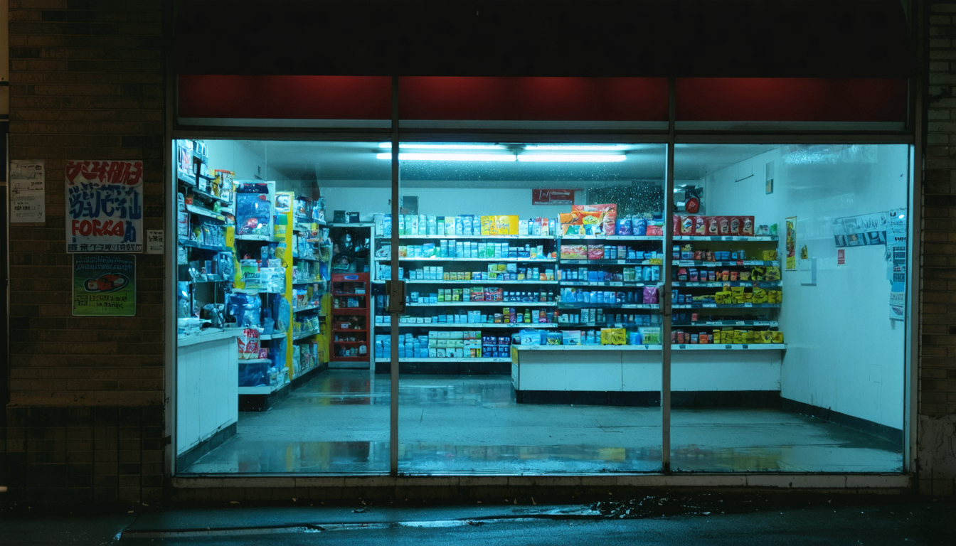 A single fluorescent-lit convenience store seen from outside at night, empty except for wet reflections on the floor.