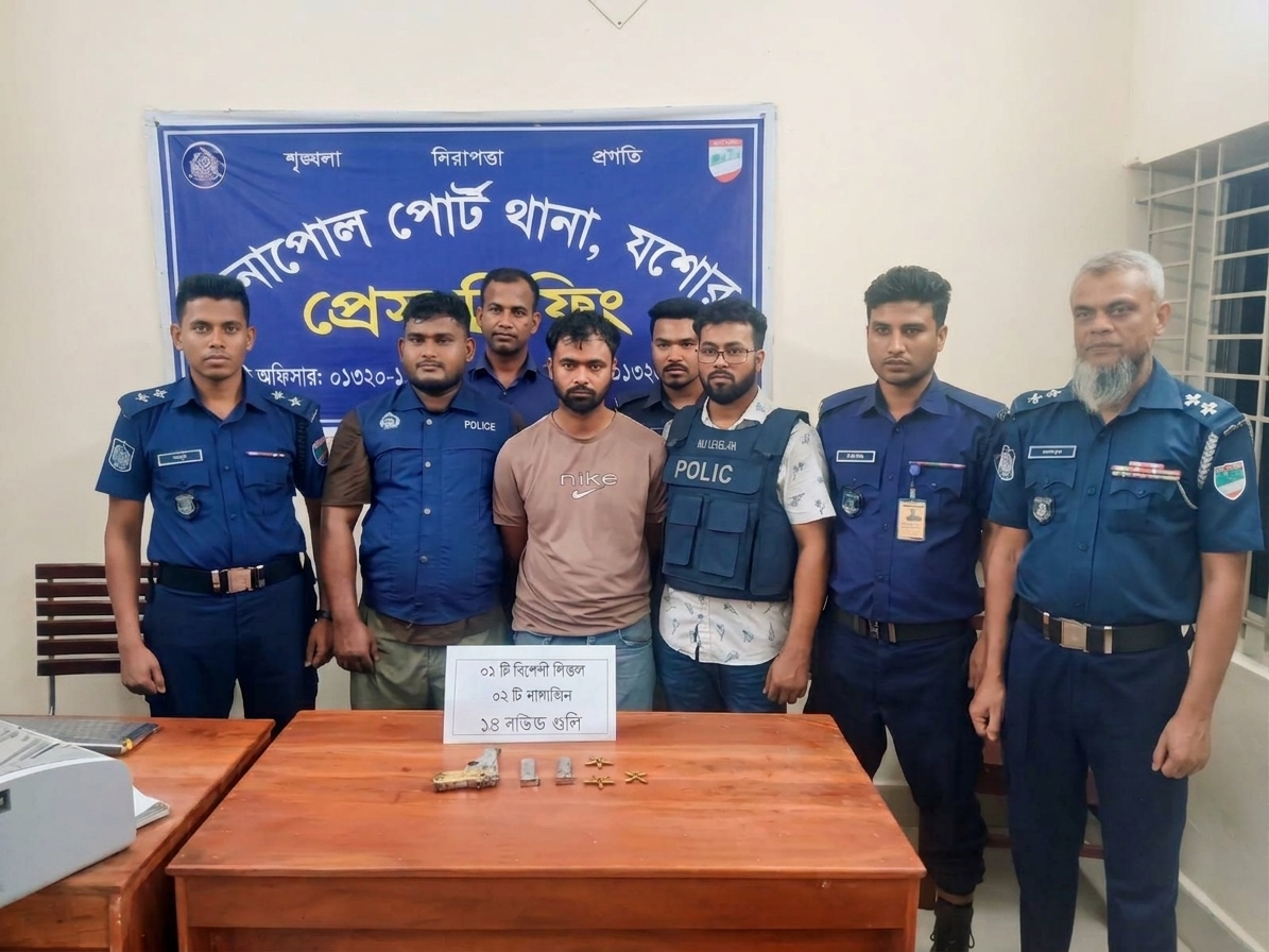 বেনাপোলে পুলিশের অভিযানে বিদেশি পিস্তল, ২ ম্যাগাজিন ও ১৪ রাউন্ড গুলিসহ যুবক গ্রেপ্তার