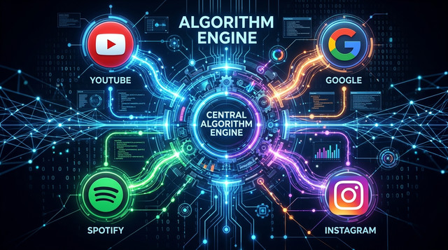 أيقونات تطبيقات يومية (يوتيوب وغوغل وإنستغرام وسبوتيفاي) مرتبطة بمحرك الخوارزميات المركزي