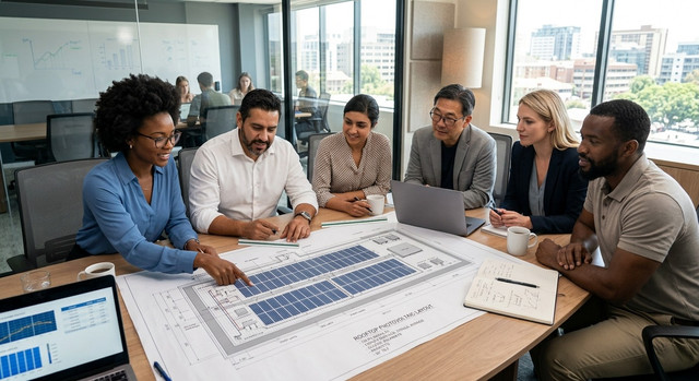 A group of people in a meeting discussing a solar panel blueprint.