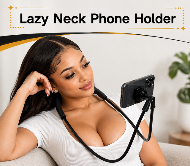 Hands-free neck phone holder in use
