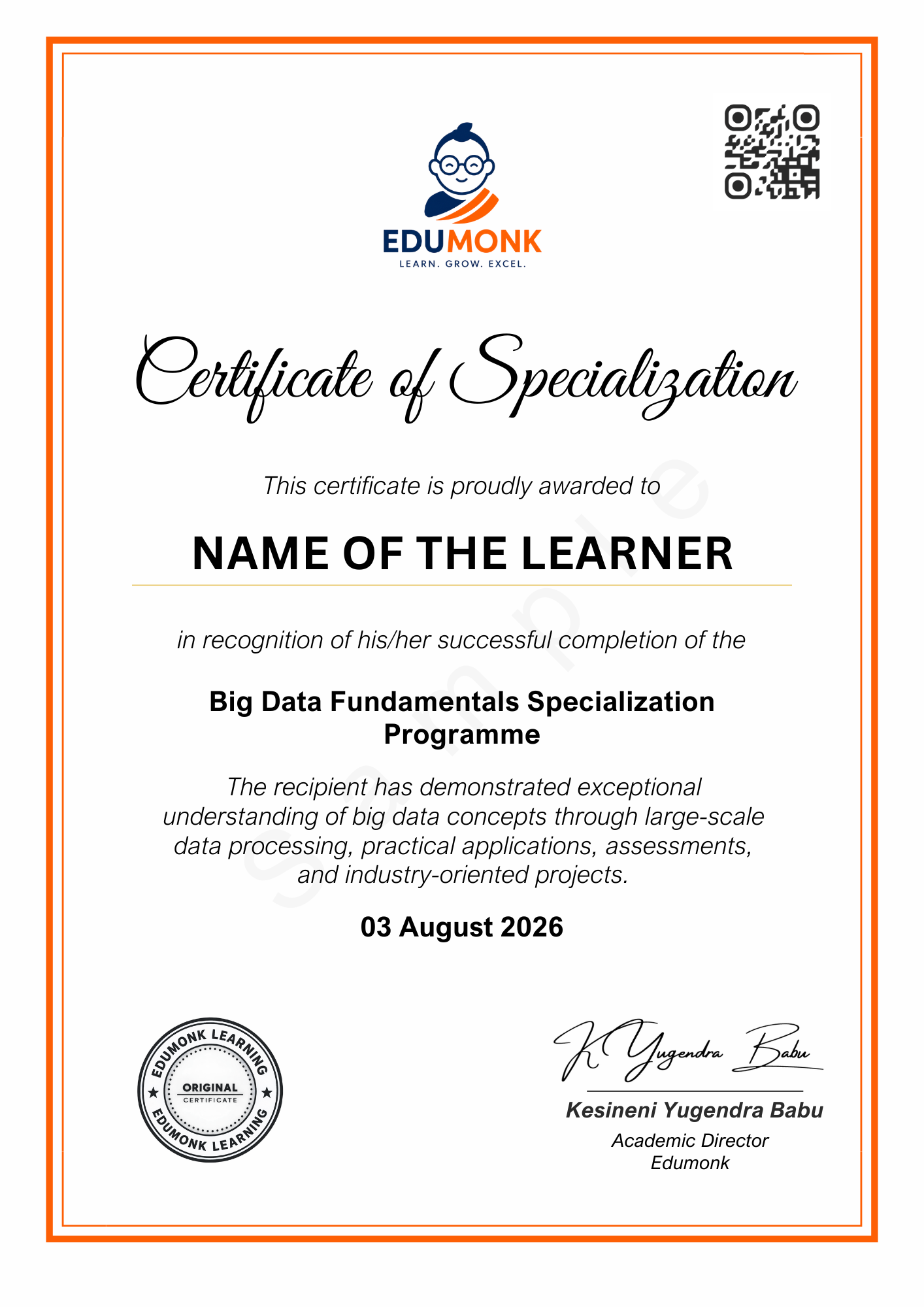 Sample EduMonk Big Data Fundamentals Certificate of Specialisation showing the programme credential layout