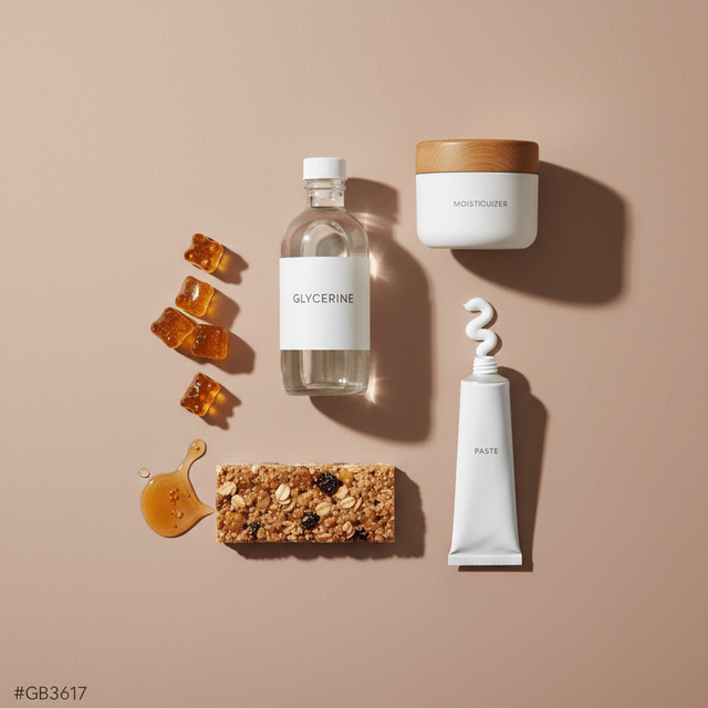 A premium moisturizer application scene with glycerine supporting smooth, hydrated skin in soft studio light