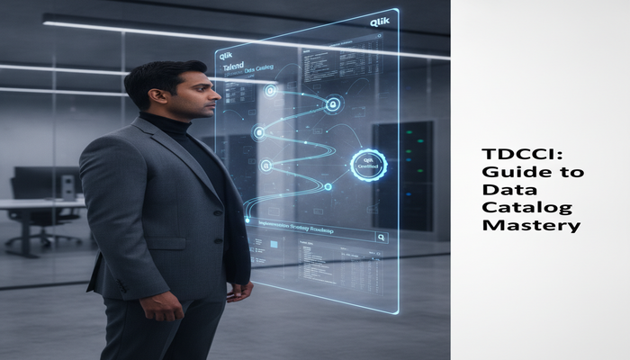 TDCCI: Guide to Data Catalog Mastery A professional analyzing a glowing holographic display showing Qlik Talend Data Catalog architecture and an implementation roadmap, with the title 'TDCCI: Guide to Data Catalog Mastery' clearly visible.
