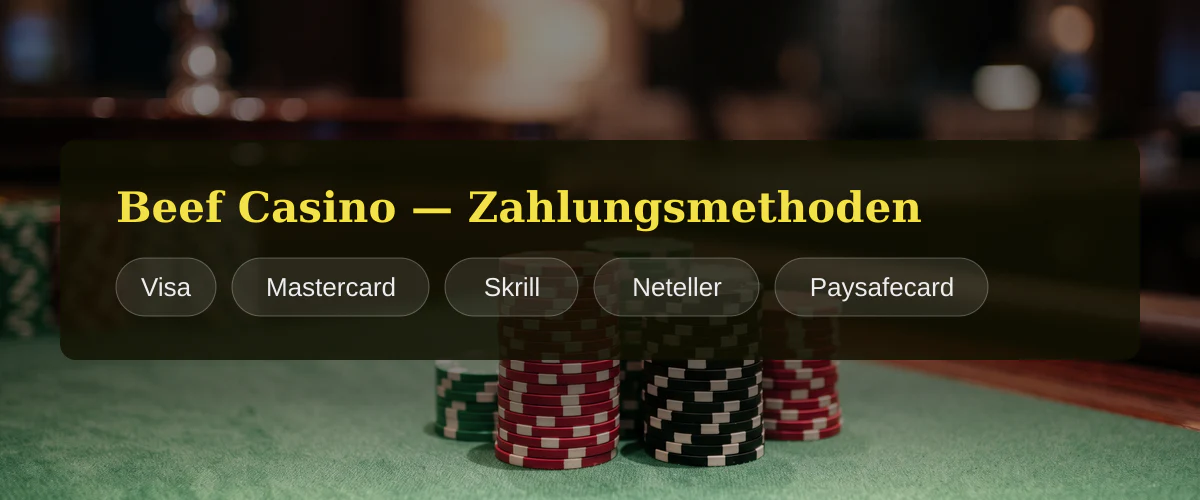 Beef Casino — Zahlungsmethoden: Visa, Mastercard, Skrill, Neteller, Paysafecard