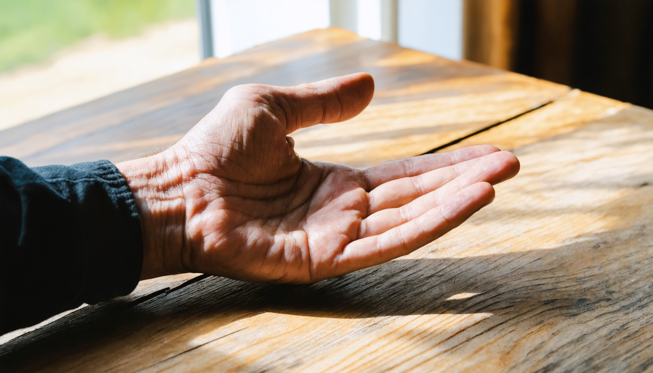 A man's hand resting open and empty on a wooden table surface in soft morning light