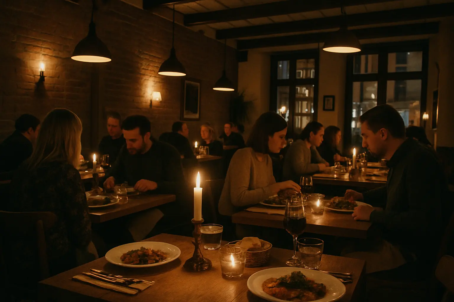 Hyggelig restaurant med levende lys og inviterende bordopdækning