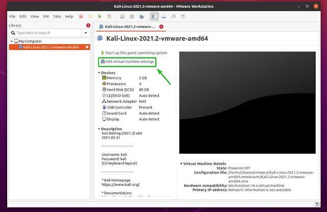 Editing virtual machine settings in VMware