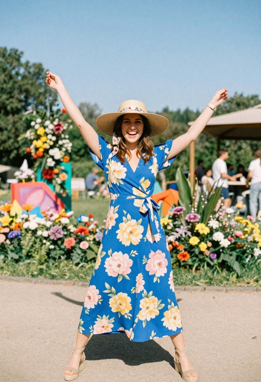 Cobalt floral wrap dress and straw hat creating a joyful playful look for a spring garden celebration