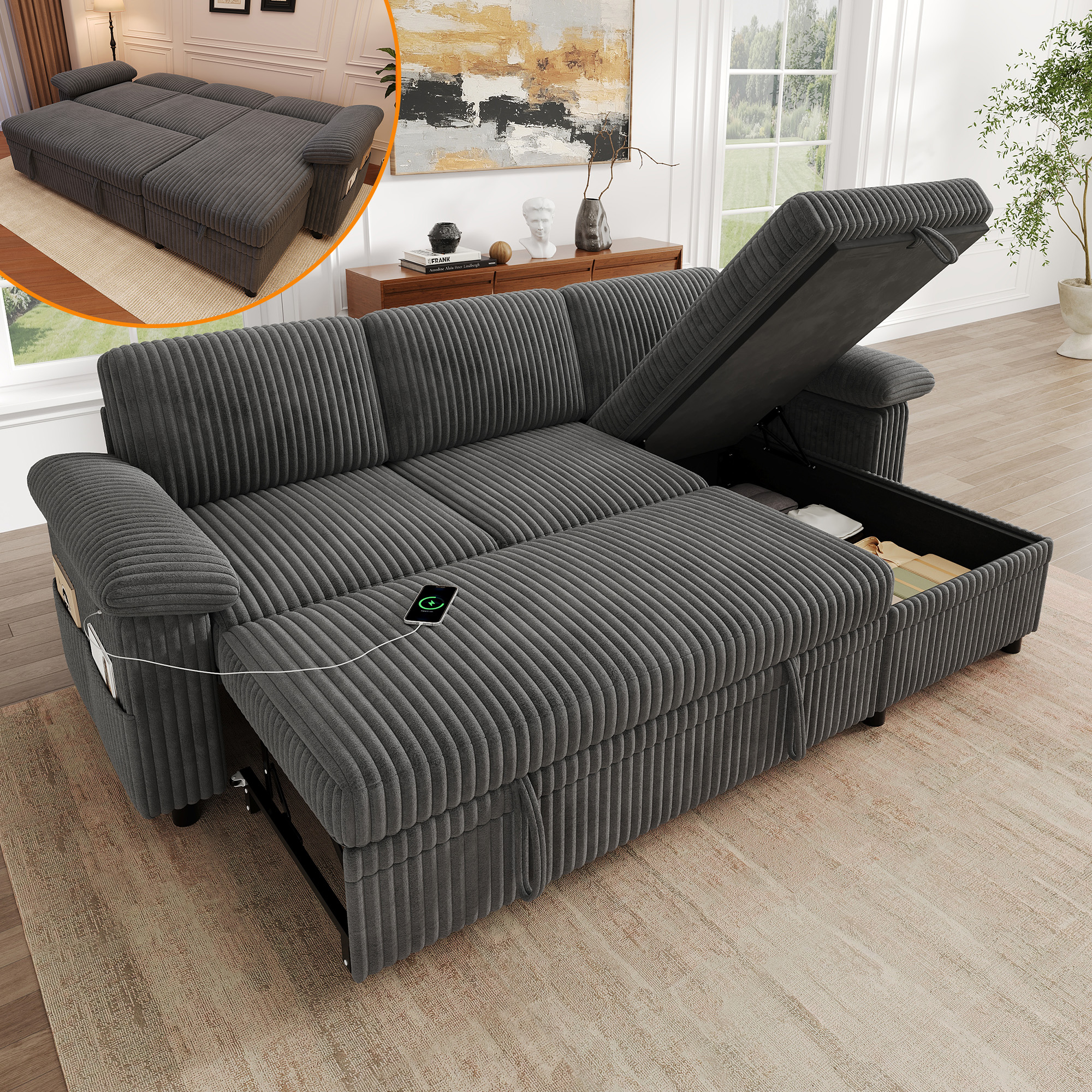 Canapé d'angle convertible gris - vue principale