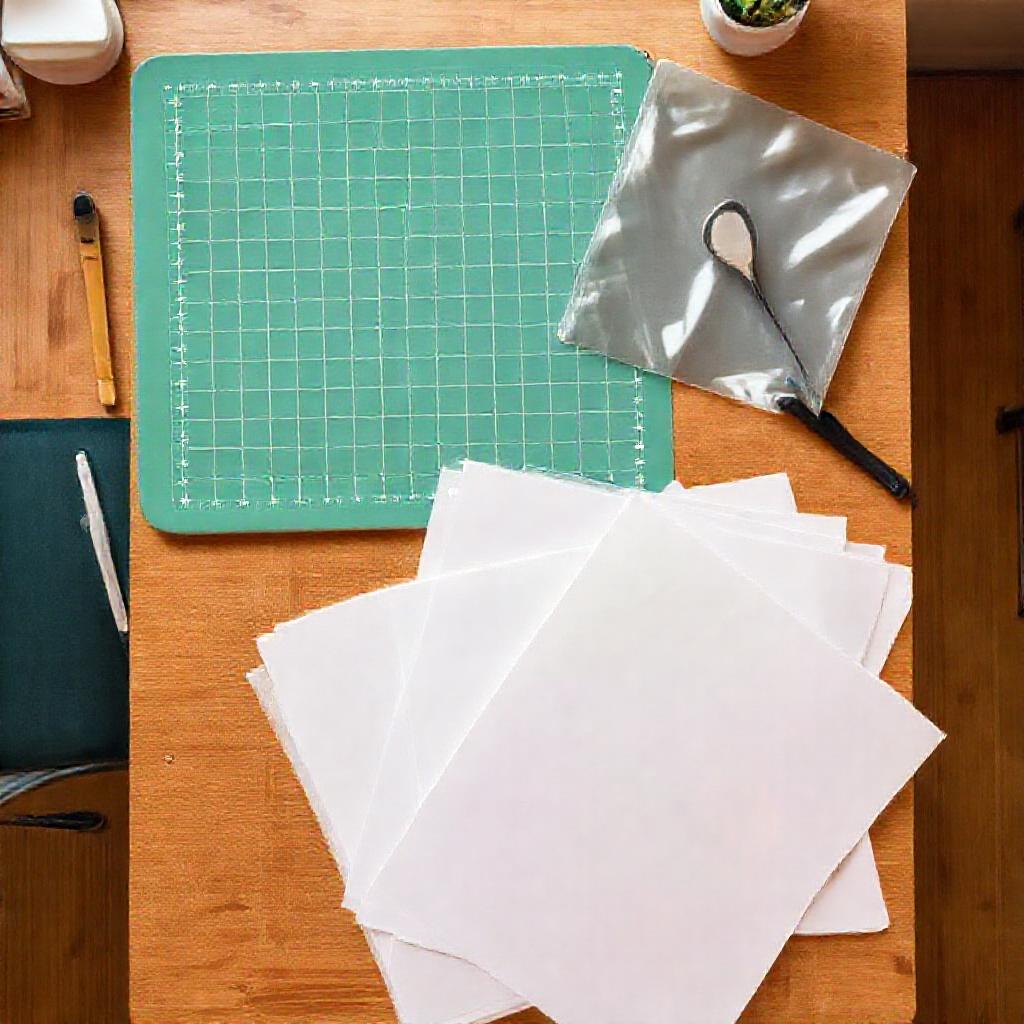 Overhead view of a Cricut cutting mat with vinyl sheets and tools