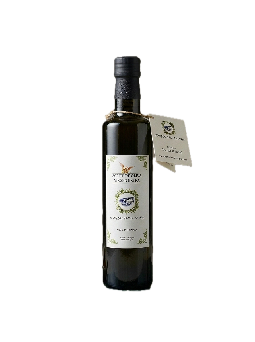 Botellas de aceite de oliva virgen extra Cortijo Santa María de cosecha temprana, 500 ml y 250 ml con etiquetado propio, producto de Limones, Moclín, Granada