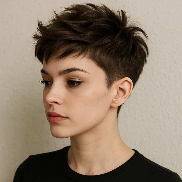 A stylish pixie cut with significant volume and texture at the top crown and very short, sleek sides.