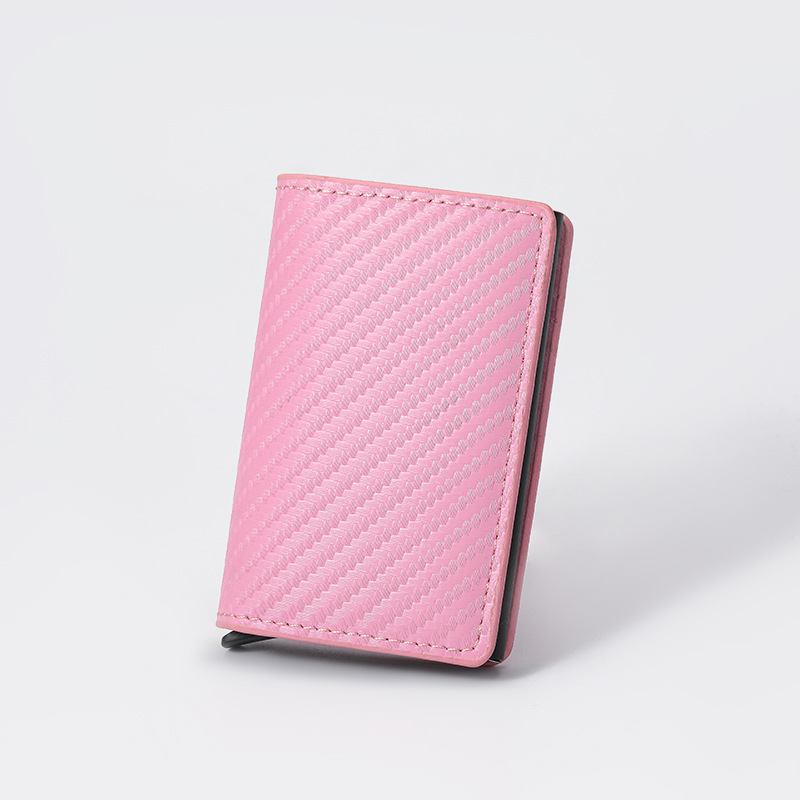 Pink Carbon Fiber texture RFID Wallet - Automatic Pop-Up Card Holder with Aluminium Frame - Slim Minimalist Design for Men, Travel and Daily Use