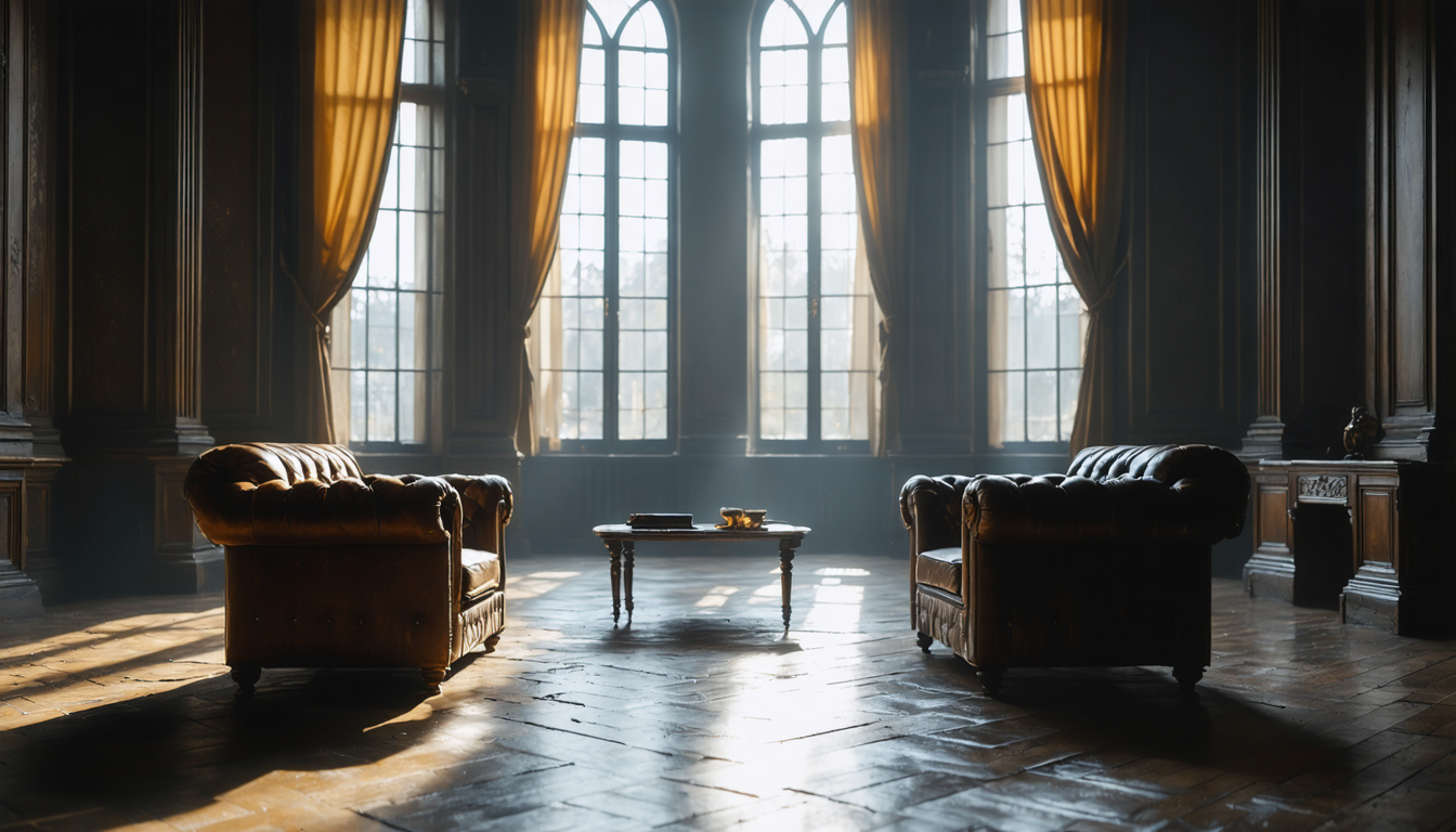 An empty, sunlit mansion drawing room with two facing armchairs and a low table, long shadows across a polished floor, no one present to sit down.