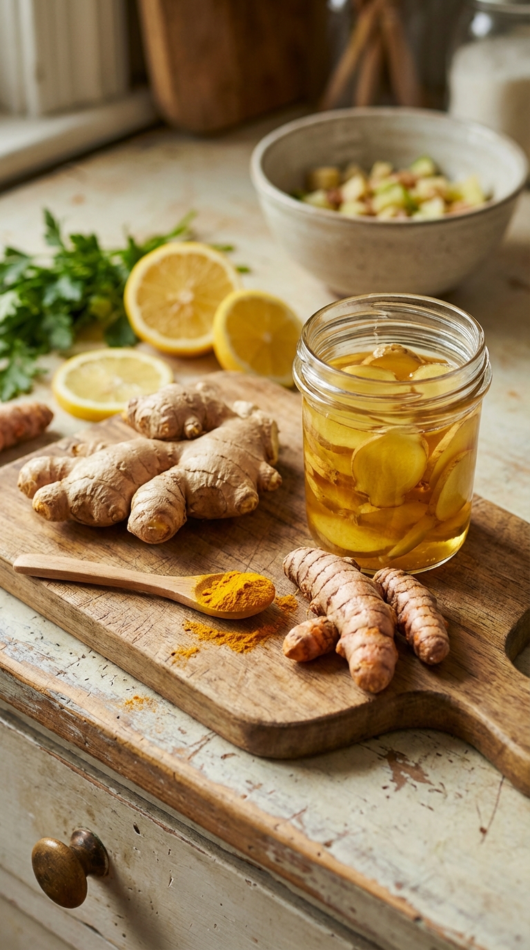 Fresh ginger and turmeric roots on a cutting board for meals with turmeric and ginger