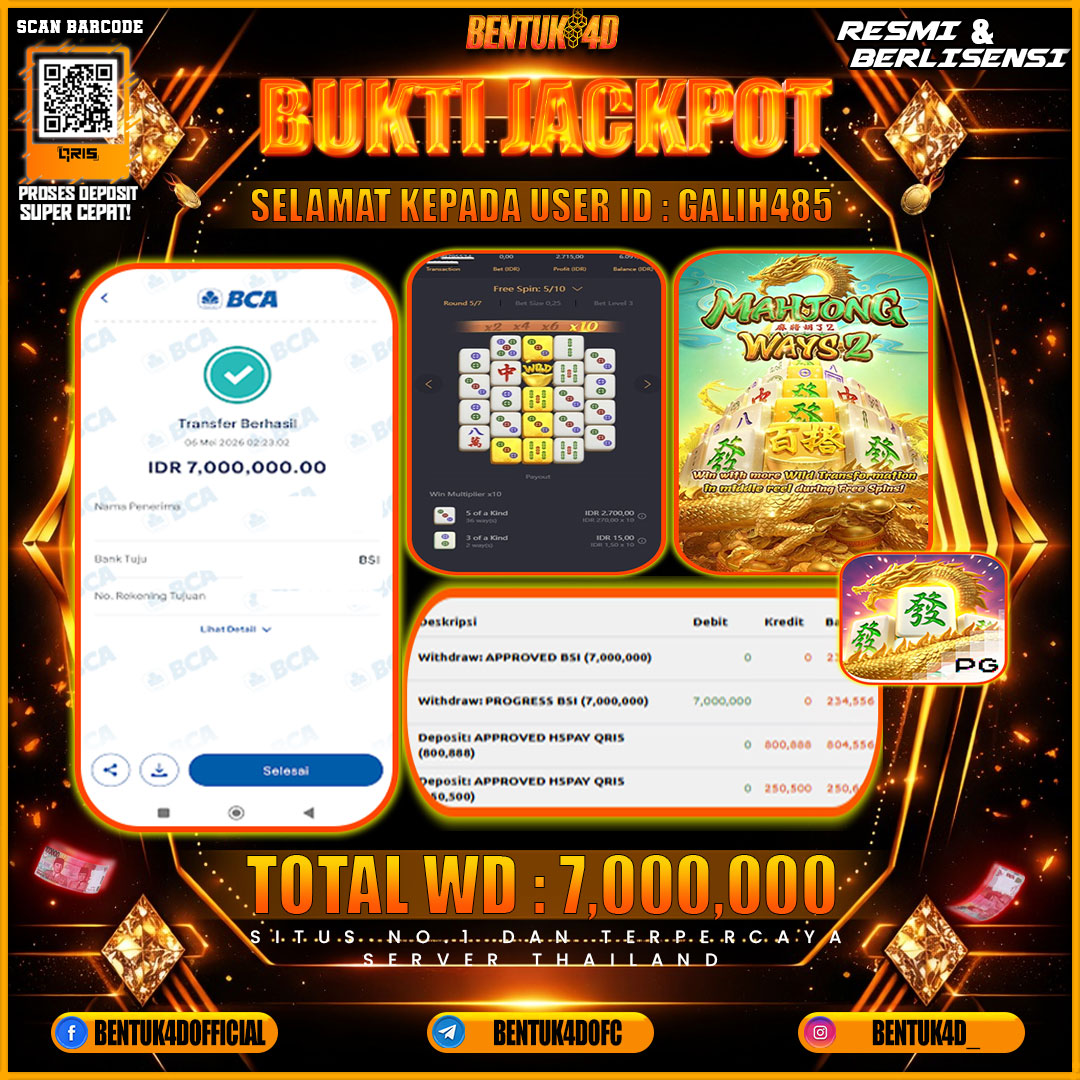 SELAMAT KEPADA USER ID : GALIH485 KEMENANGAN Rp 7,000,000 (MAHJONGWAYS 2) DI BENTUK4D