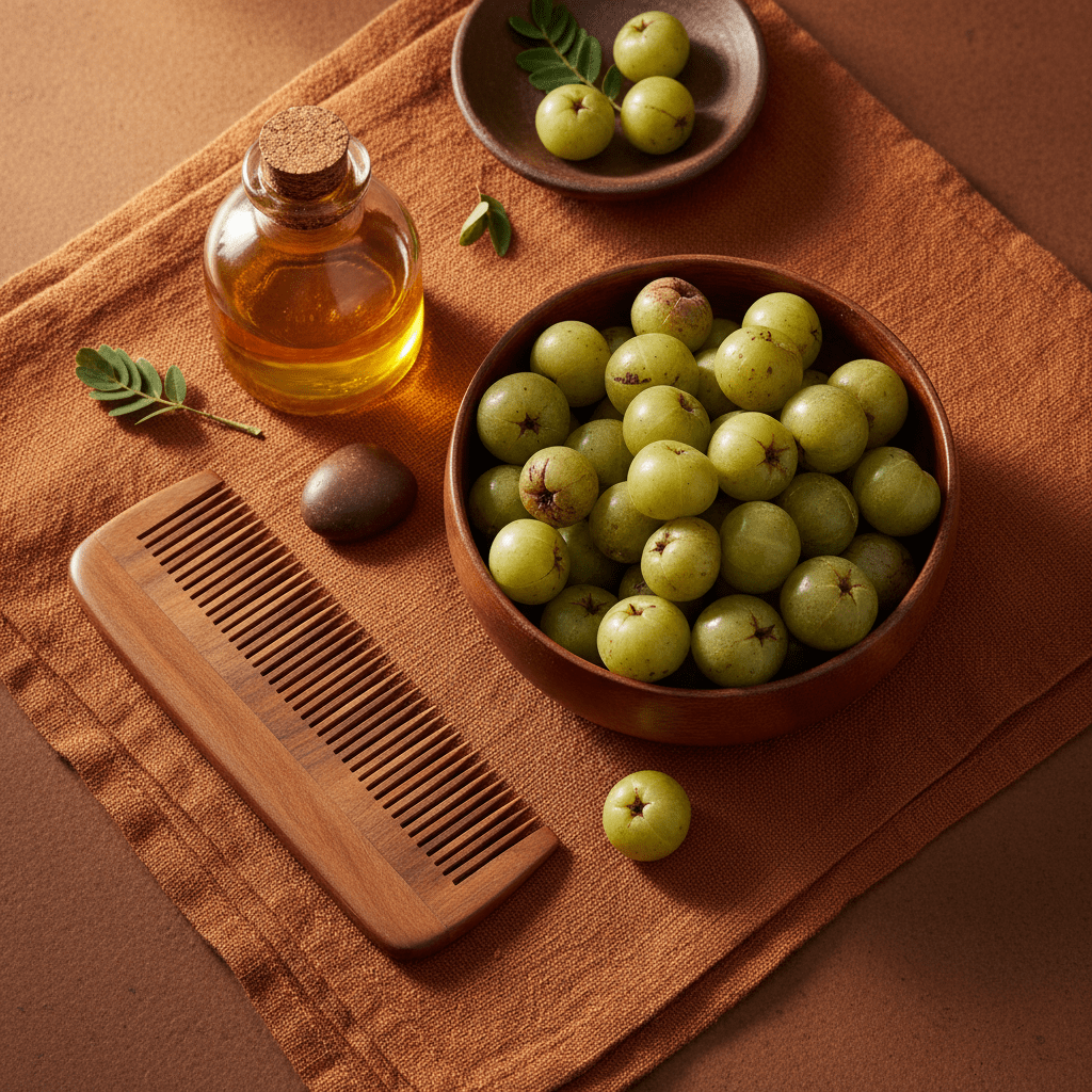 Amla oil and hair care spa flat lay