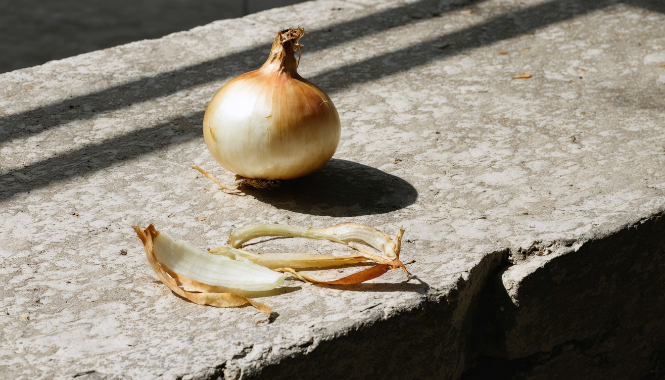 A single raw onion resting on a rough stone ledge in warm afternoon light, a long shadow trailing behind it into deep shade, with no people present.