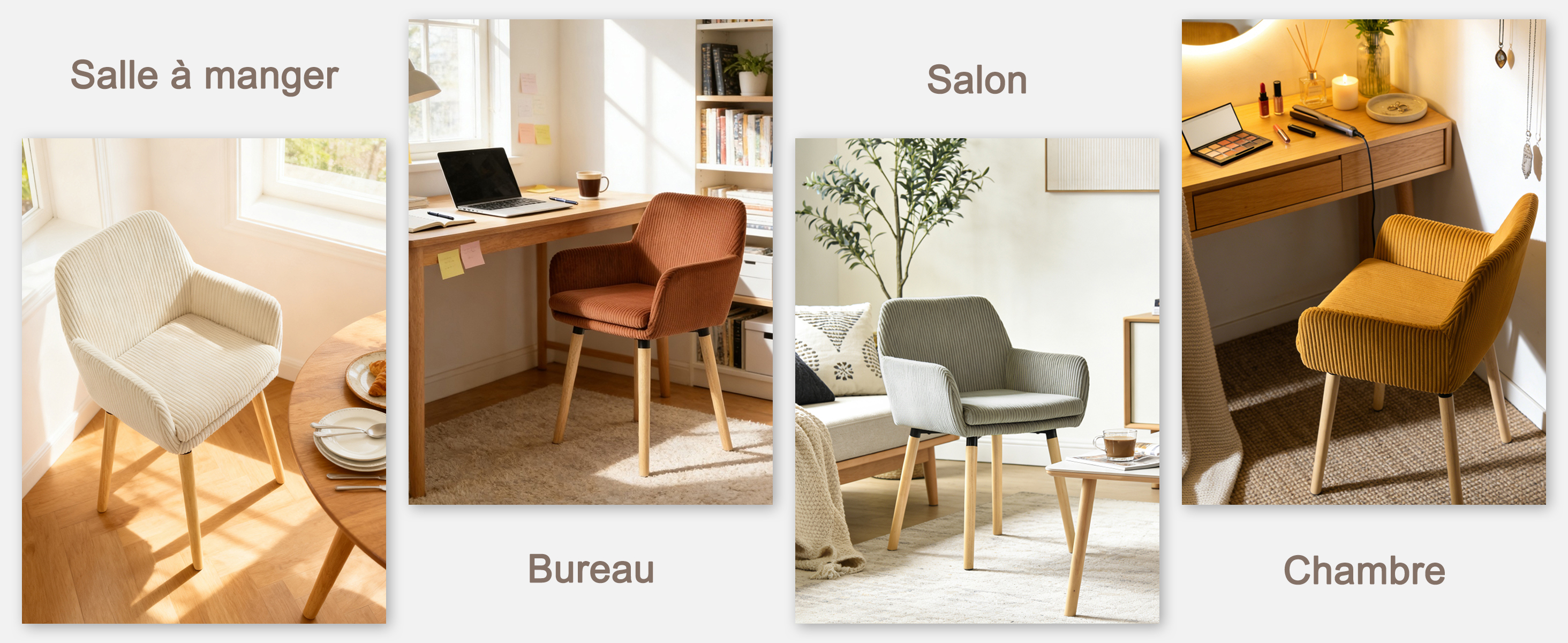 Chaise scandinave en velours côtelé utilisée dans différents espaces de la maison