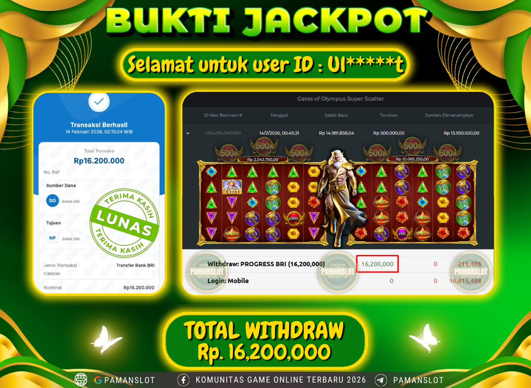 PAMANSLOT JACKPOT Game PP - Gates Of Olympus Super Scatter Rp.16,200,000- LUNAS