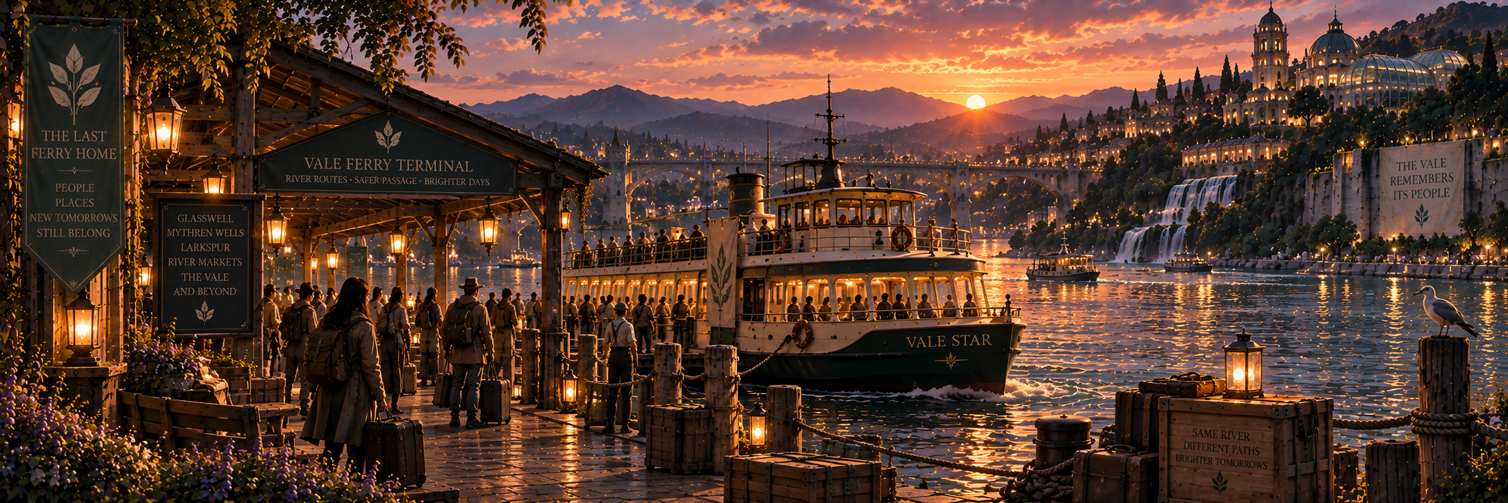 The final evening ferry approaching a warmly lit Brazorian river town
