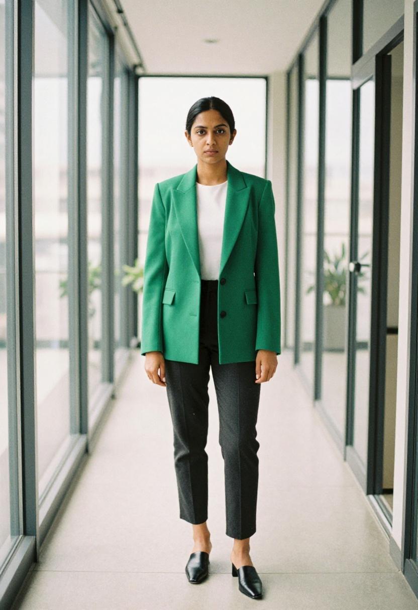 Emerald blazer with sleek black mule heels in a glass-corridor office setting