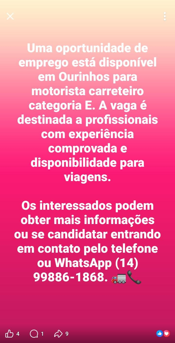 VAGA PARA MOTORISTA CARRETEIRO CNH E - Imagem 1