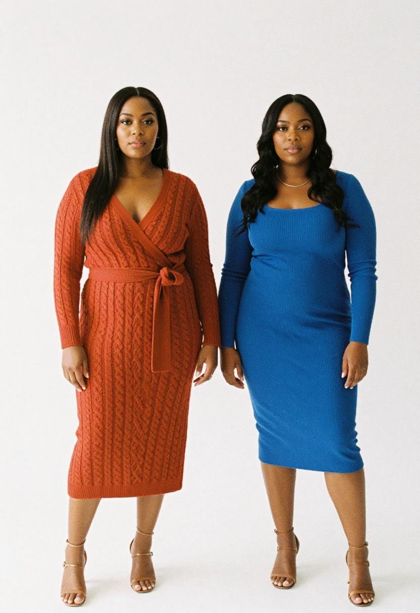 Rust cable-knit wrap dress and royal blue ribbed dress styled for bold professional impact