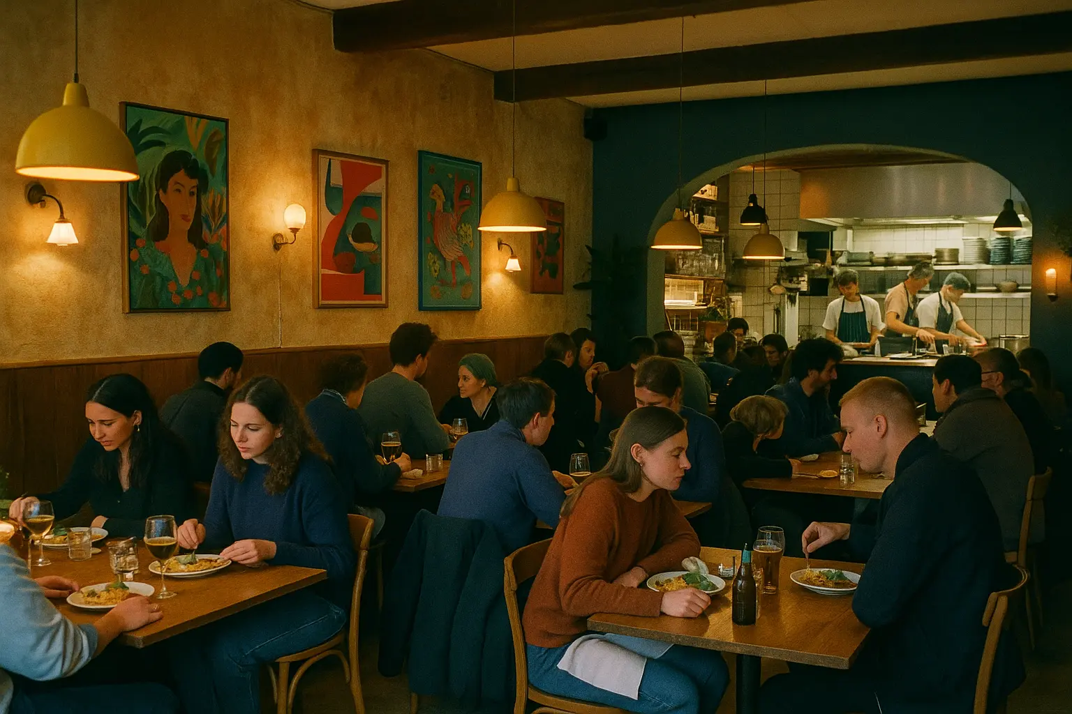 Gæster nyder mad og stemning på en hyggelig restaurant i Nørrebro