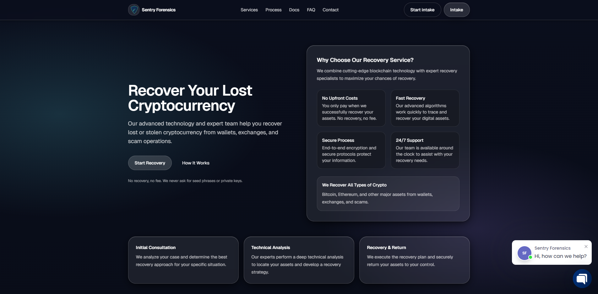 Forensic screenshot of sentryforensics.pages.dev showing the phishing page layout