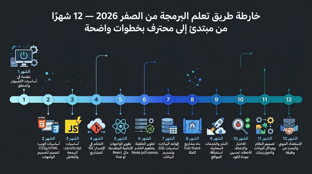 خارطة طريق تعلم البرمجة من الصفر 2026 — 12 شهراً من المبتدئ إلى المحترف بخطوات واضحة