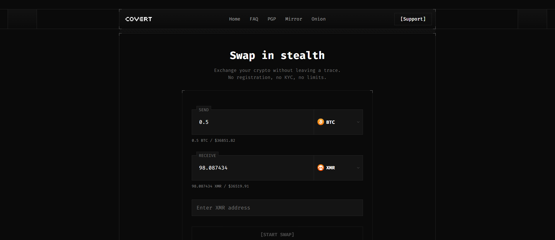 Screenshot of covert.exchange