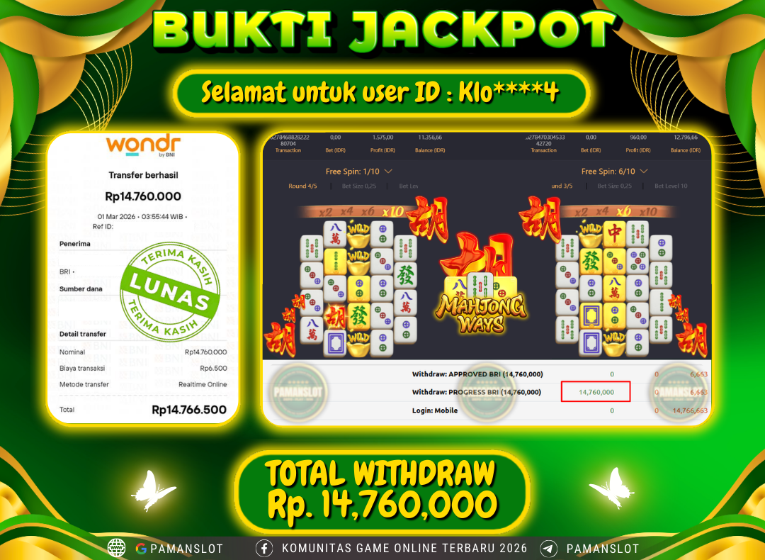 PAMANSLOT JACKPOT Game PG - Mahjong Ways  Rp.14,760,000- LUNAS