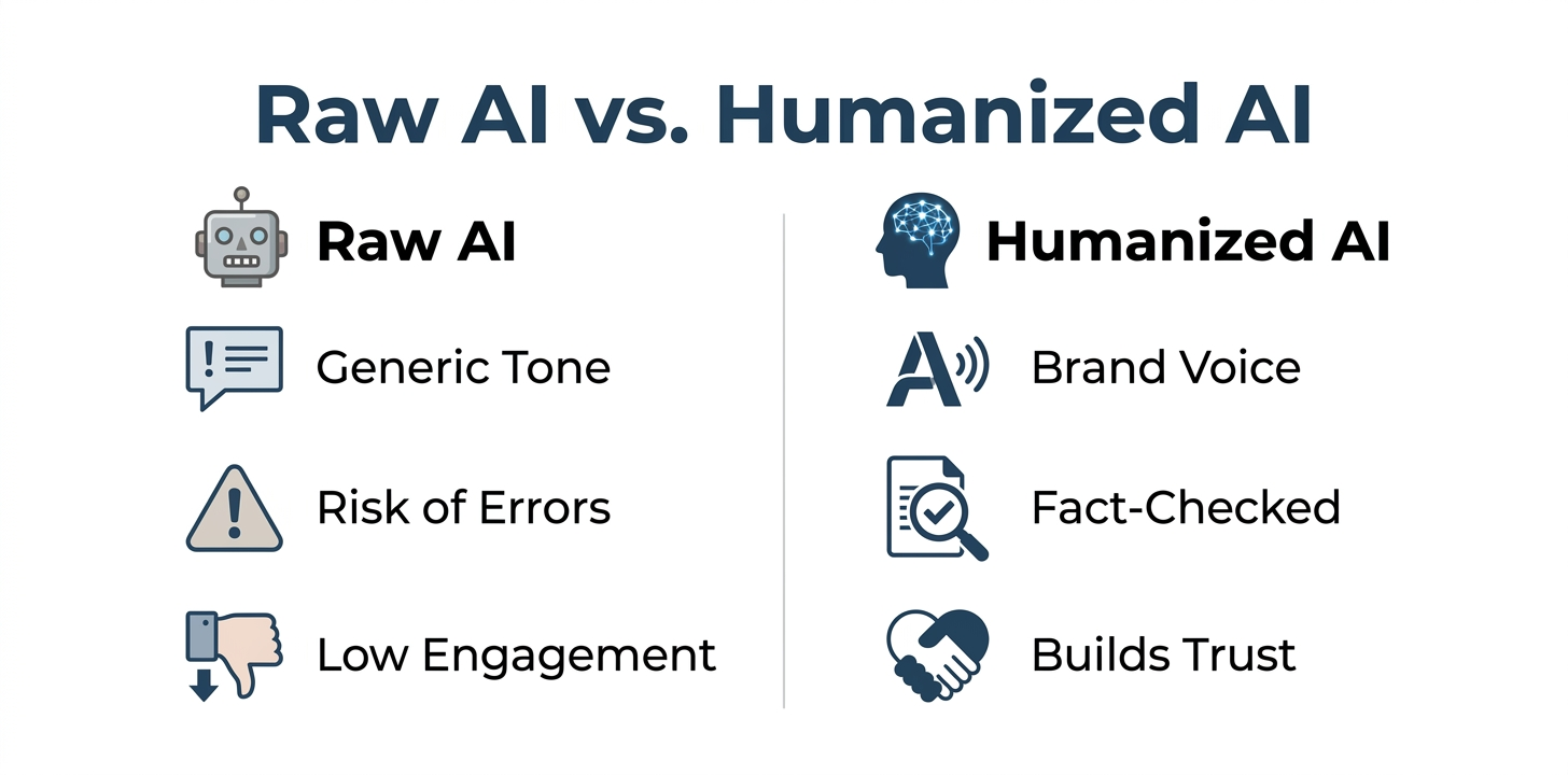 Infographic comparing Raw AI output with Humanized AI content, showing the benefits of human editing, such as brand voice and trust.