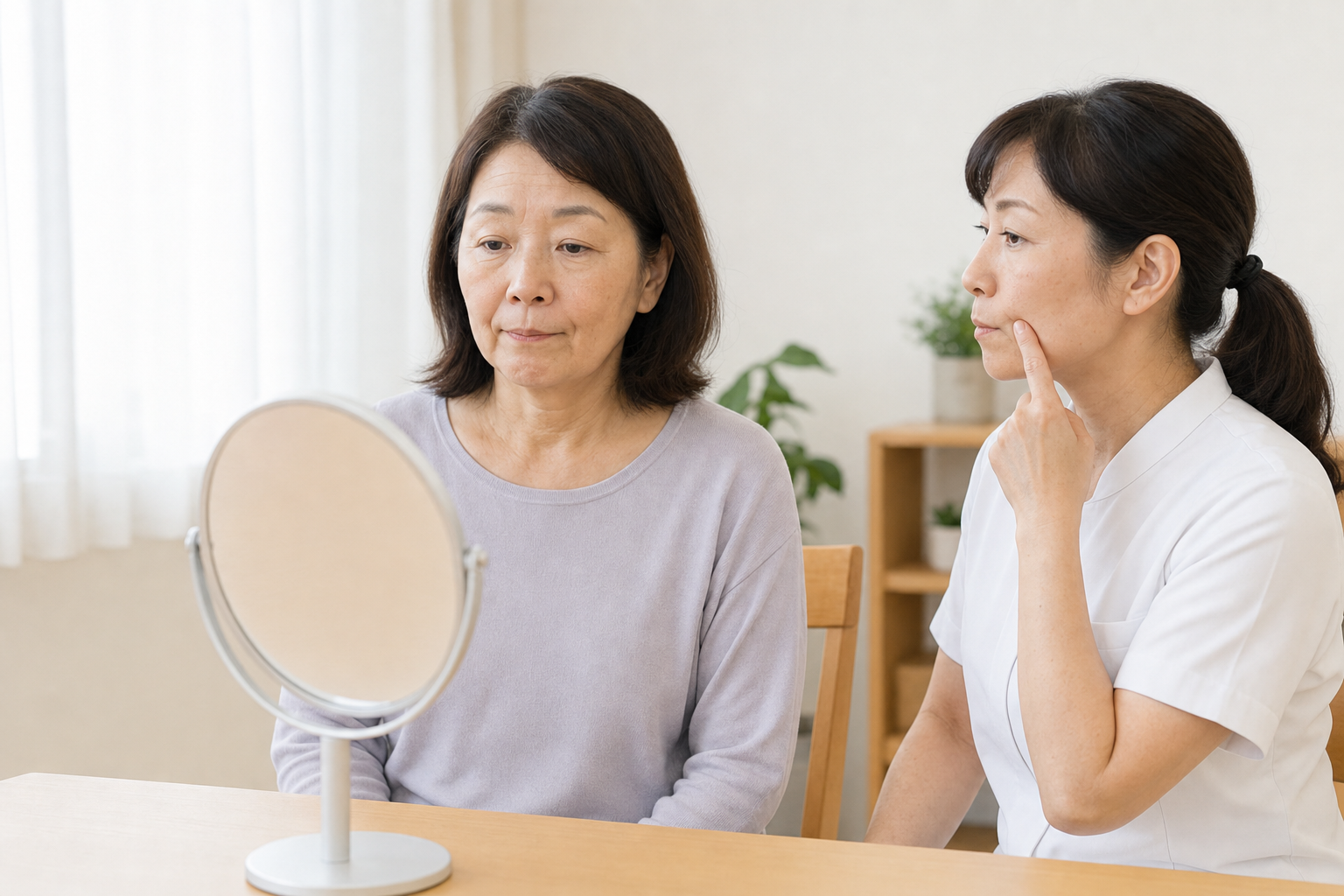 鏡を使って小さく穏やかな顔の動きを確認する様子