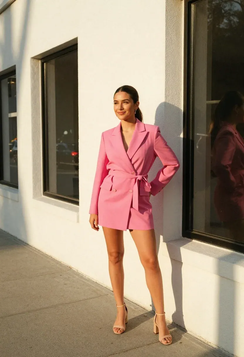Petite Latina woman with sleek ponytail wearing a fuchsia pink blazer dress cinched at the waist on an urban sidewalk
