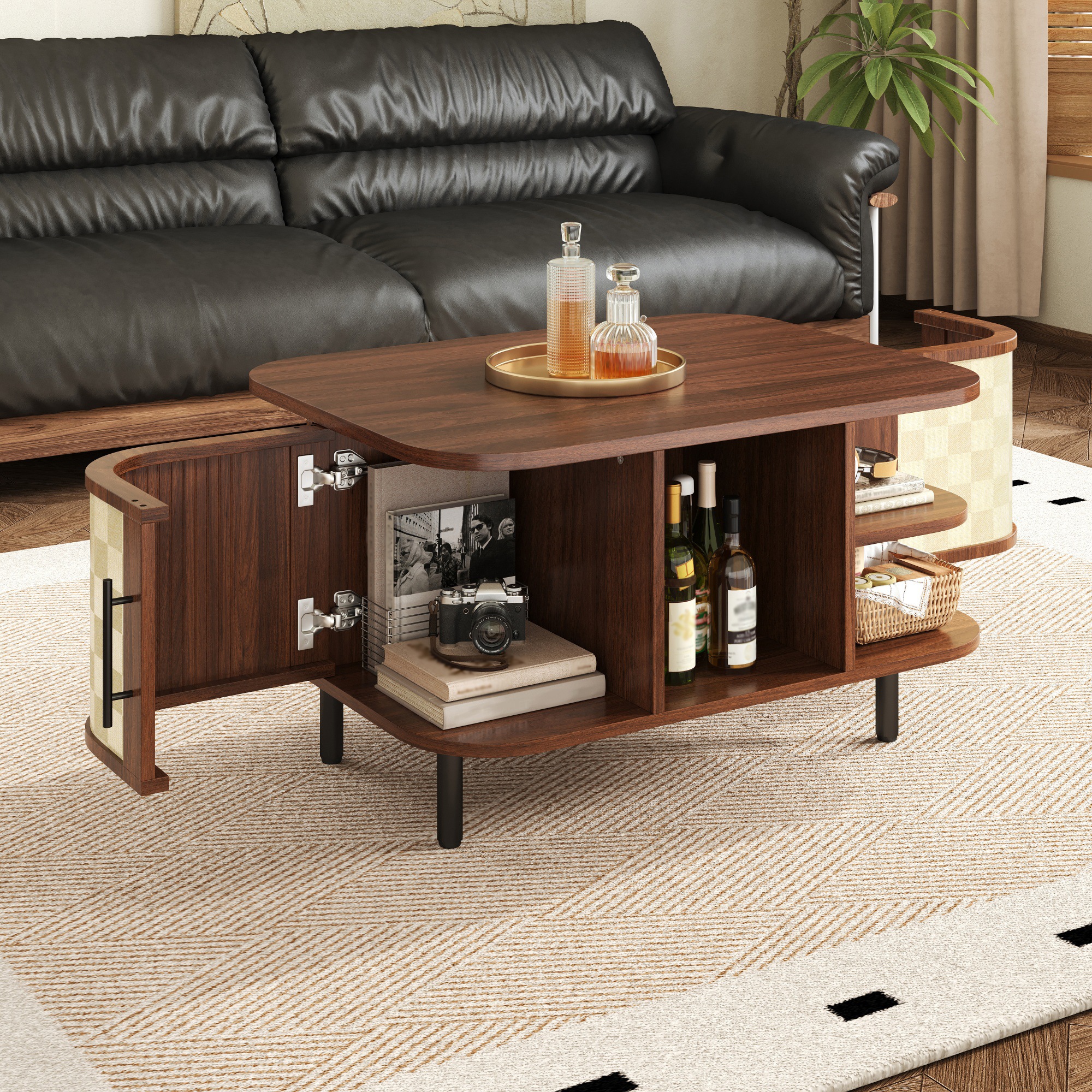 Table Basse Noyer, Rangement, Angles Arrondis, Façade Texturée, Structure Robuste, Finition Haut de Gamme - 80x60x47cm - Salon 5