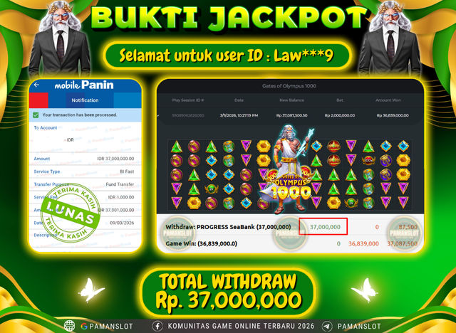 PAMANSLOT JACKPOT Game PP - Gates of Olympus 1000 Rp.37,000,000- LUNAS