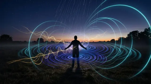 Silhouetted person surrounded by glowing electromagnetic waves and cosmic forces at twilight, evoking wonder