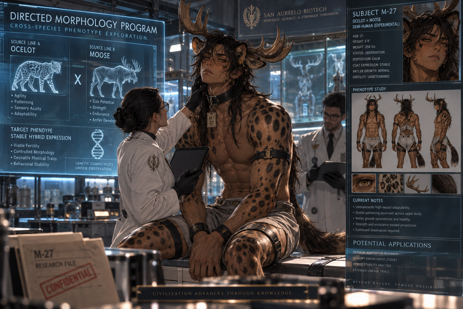 Ocelot and moose cross-line demi-human under observation in a directed morphology program