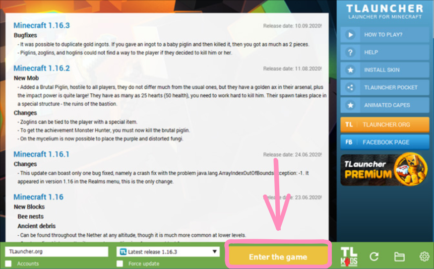 The Enter the game button in TLauncher